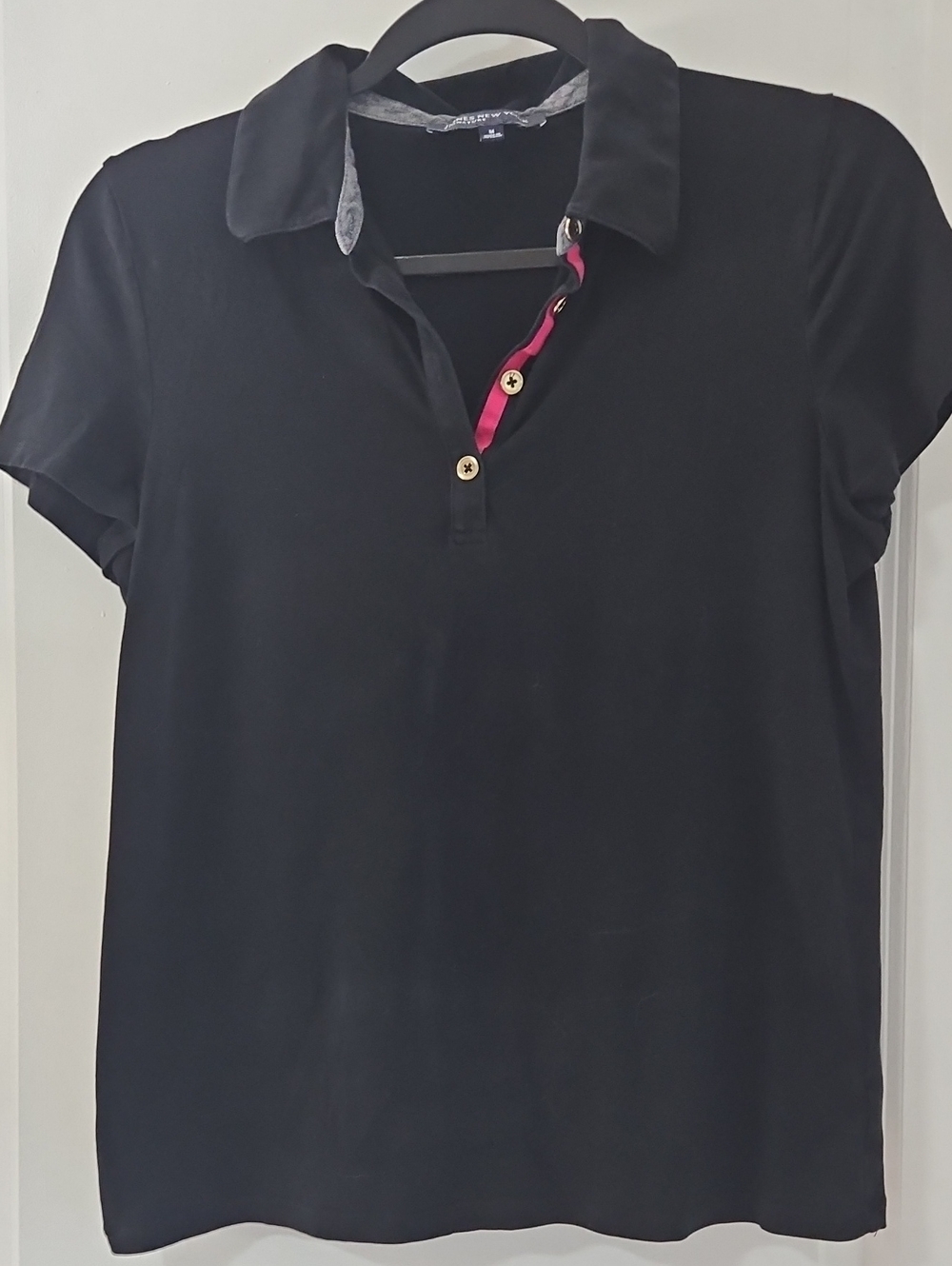 Jones New York Black Polo Top with Pink Placket Detail